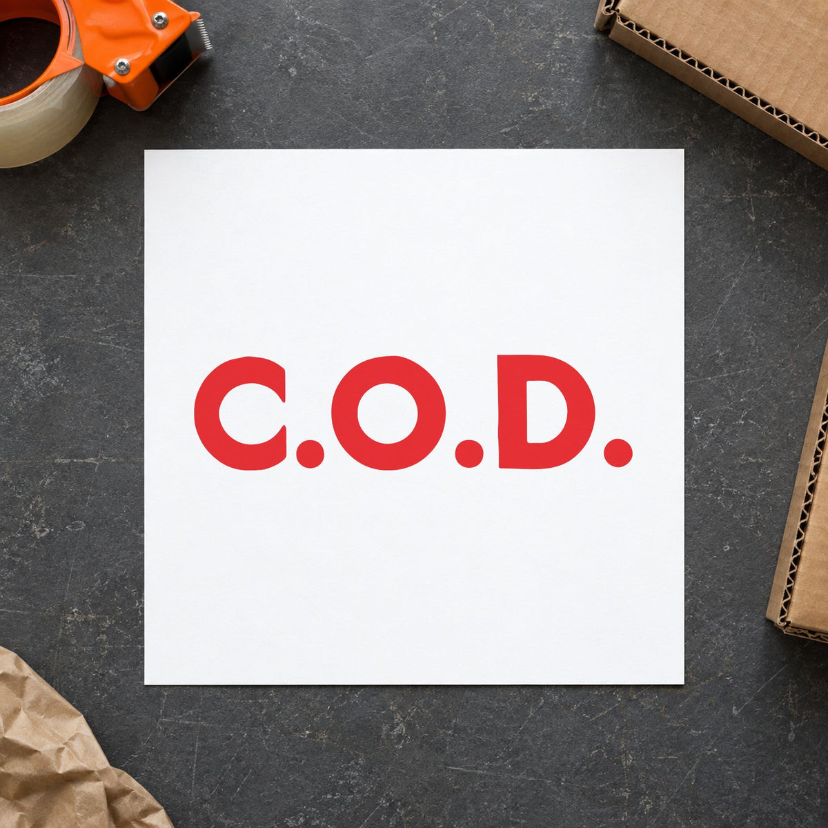 Pre-inked "C.O.D." stamp applied to a document, 7/8 x 2-3/4 in impression