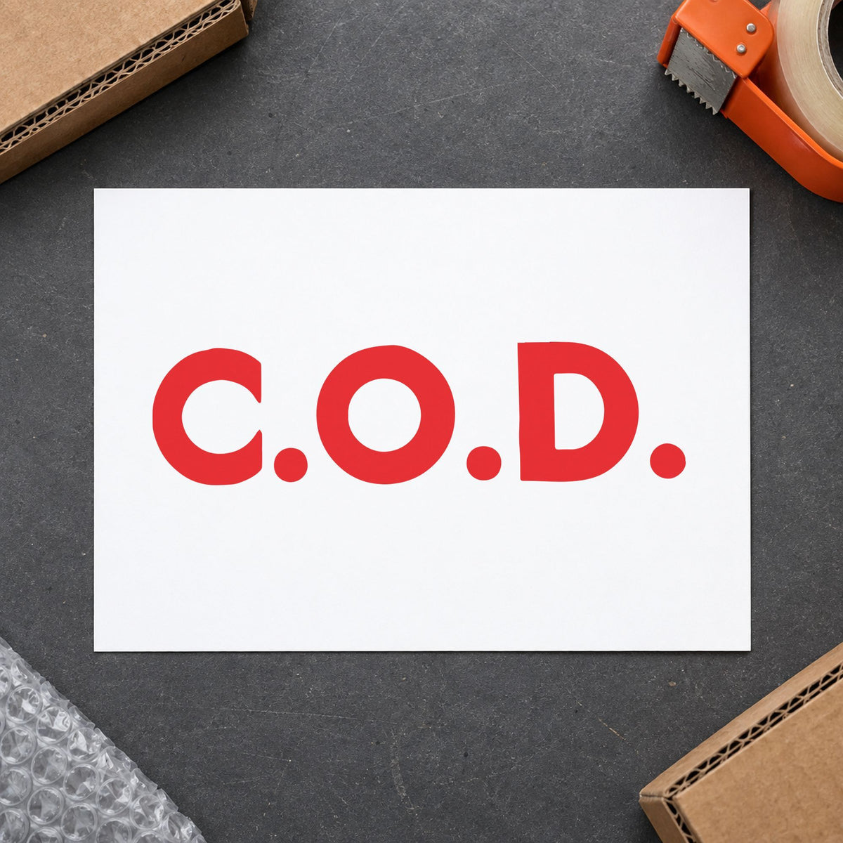 Pre-inked "C.O.D." stamp marking paperwork in an office setting
