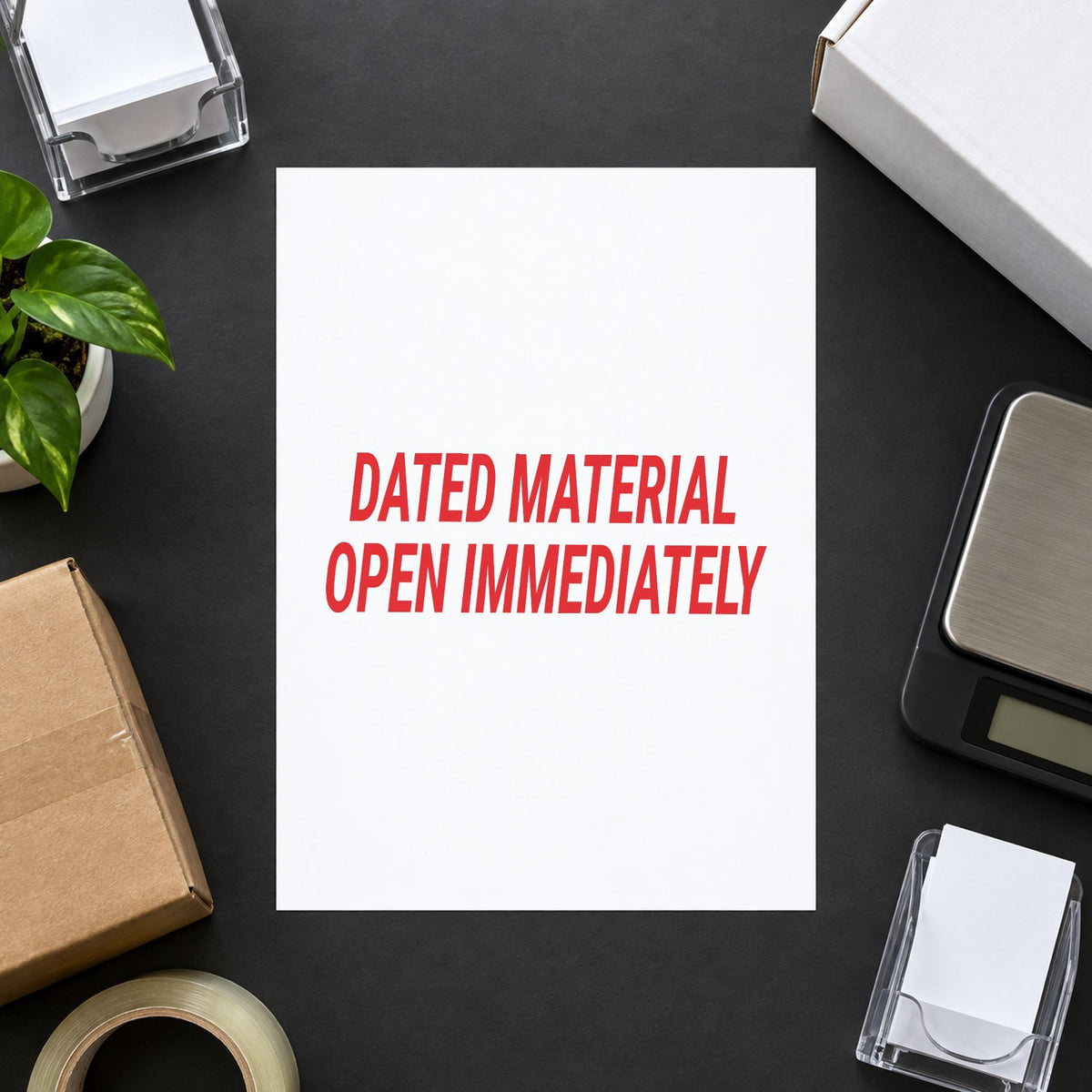 Pre-inked "Dated material open immediately" stamp applied to a document, 7/8 x 2-3/4 in impression