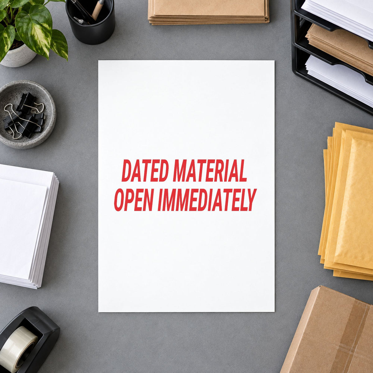 "Dated material open immediately" Xstamper stamp at work on everyday office paperwork
