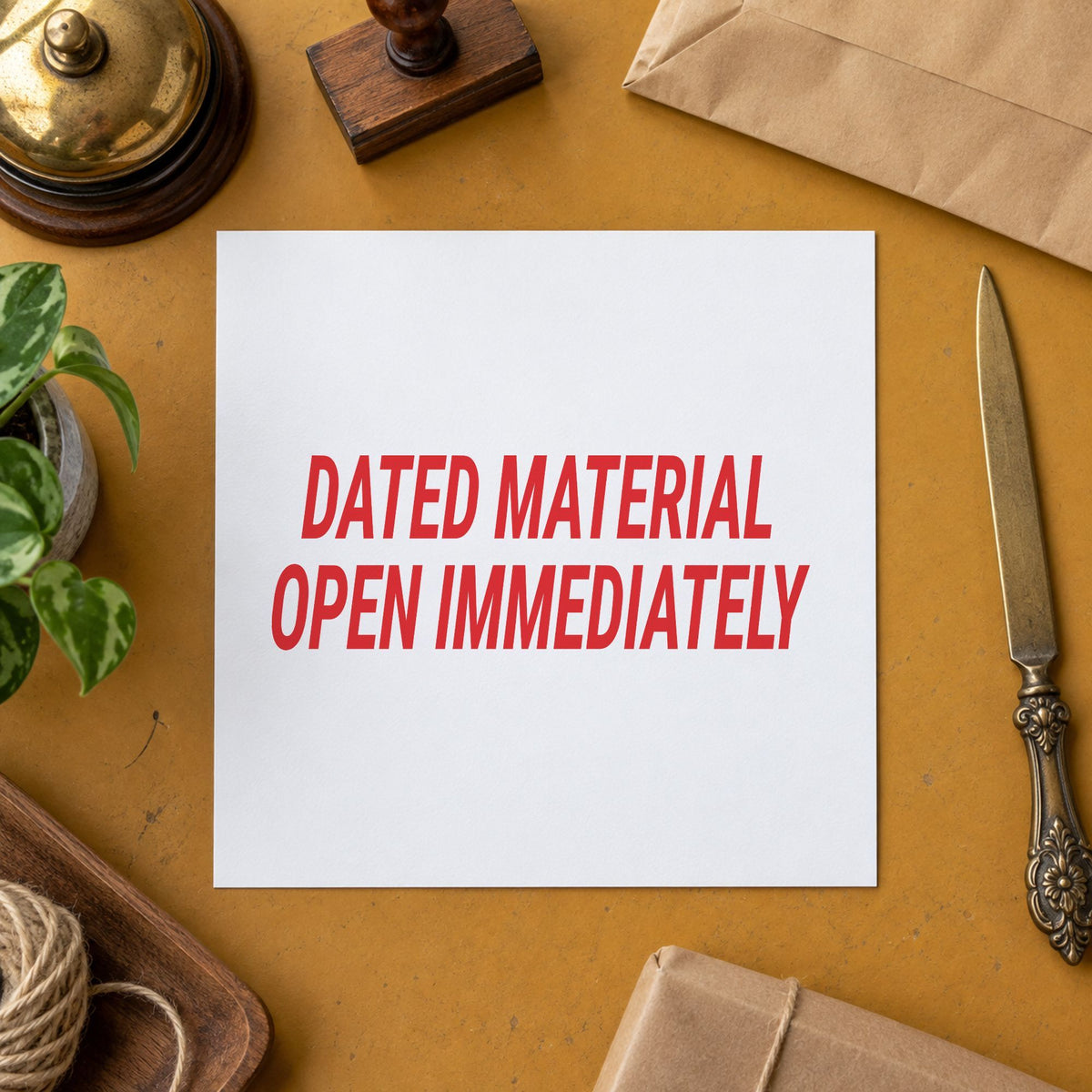 Close view of the "Dated material open immediately" mark left by Xstamper No. 3247