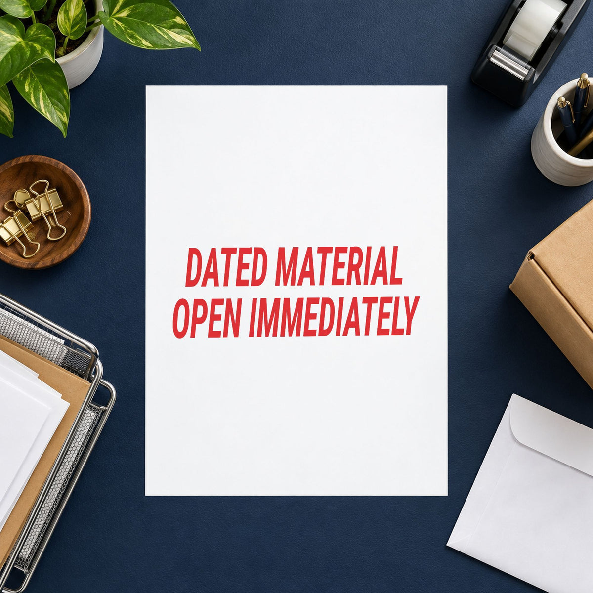 "Dated material open immediately" stamp pressed on paper, no separate ink pad needed