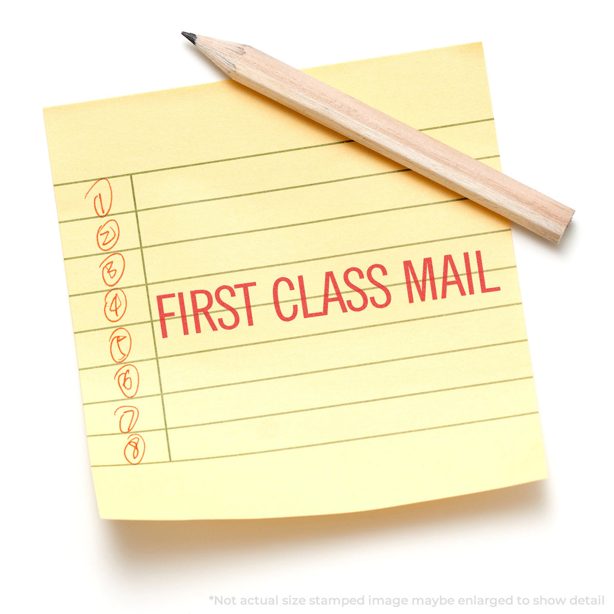 "First class mail" stamp and its crisp Approximately 7/8 in tall x 2-3/4 in wide impression on paper
