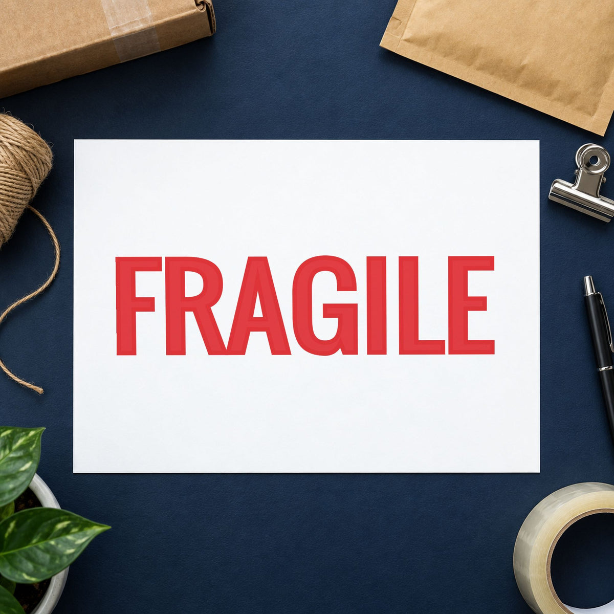 "Fragile" Xstamper stamp in use on paper, 7/8 x 2-3/4 in rectangle imprint
