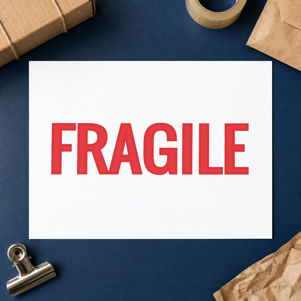 "Fragile" Xstamper No. 3202 stamp shown in everyday handling