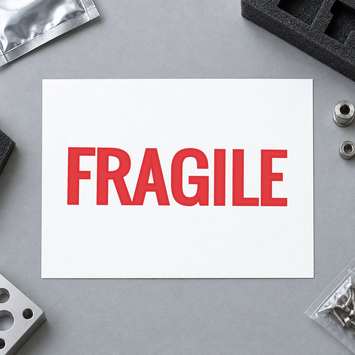 "Fragile" stamp pressed on paper, no separate ink pad needed