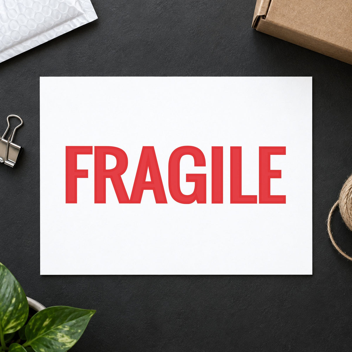 "Fragile" Xstamper pre-inked stamp beside its rectangle imprint