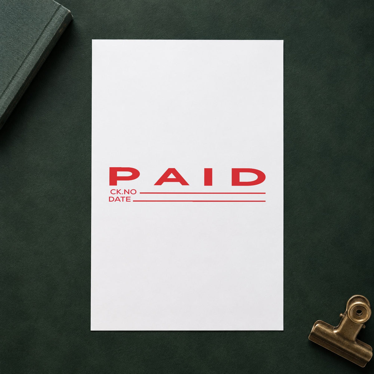 "Paid CK No.-Date" imprint on a printed page, Xstamper No. 3249