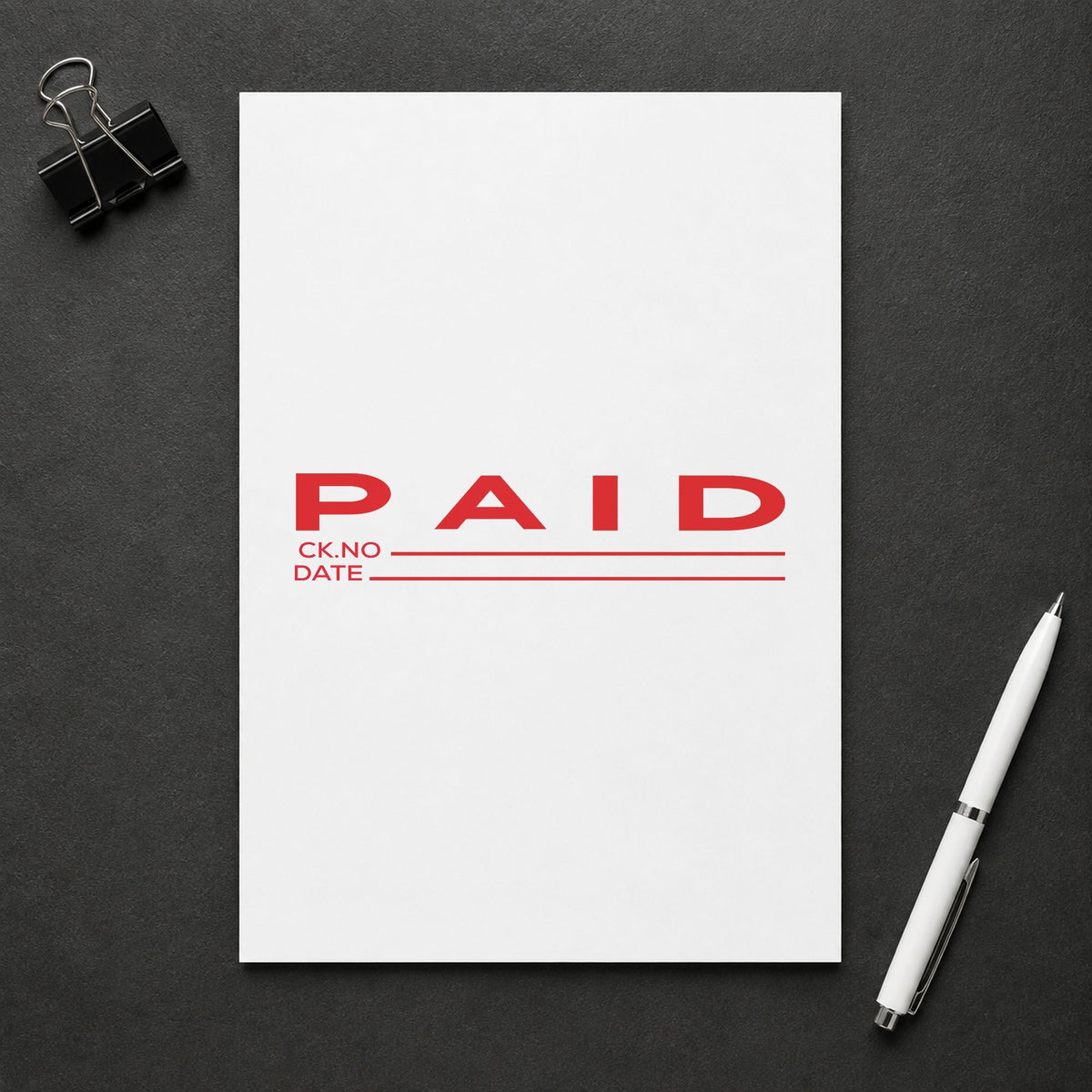 "Paid CK No.-Date" imprint sized Approximately 7/8 in tall x 2-3/4 in wide on a document page