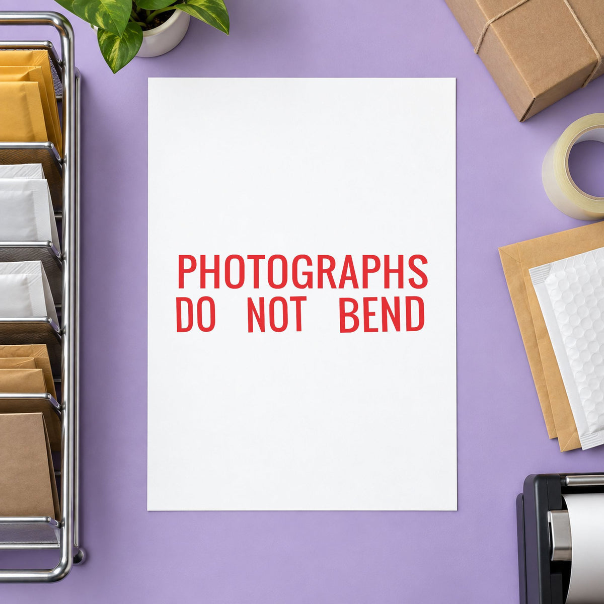 "Photographs do not bend" Xstamper stamp in use on paper, 7/8 x 2-3/4 in rectangle imprint