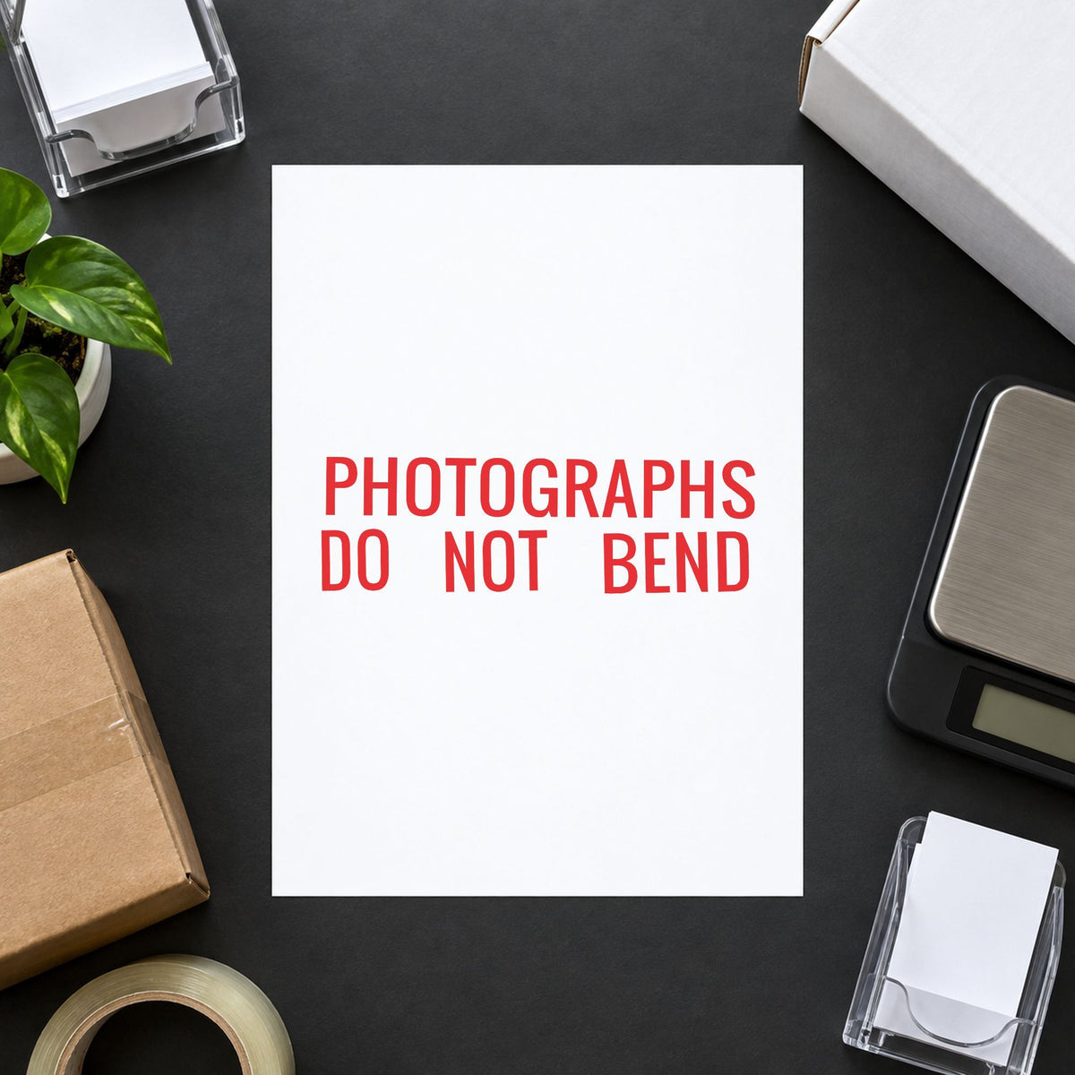 "Photographs do not bend" imprint sized 7/8 x 2-3/4 in on a document page