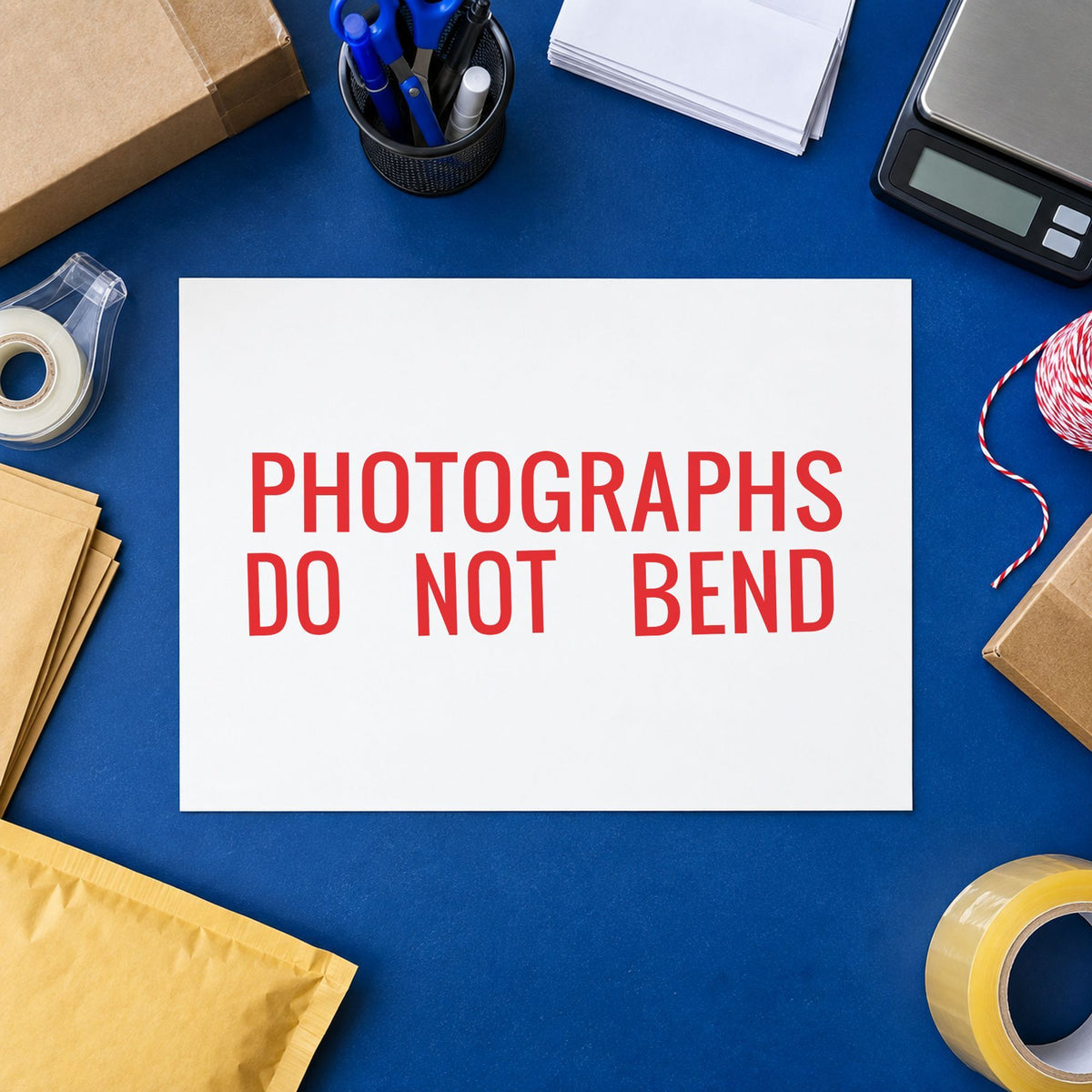 Pre-inked "Photographs do not bend" stamp marking paperwork in an office setting