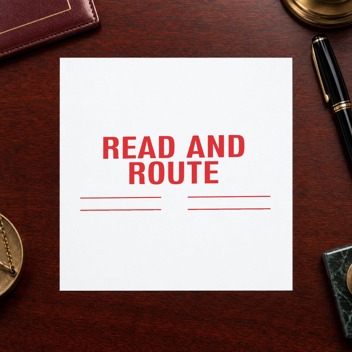"Read and route" stamp pressed on paper, no separate ink pad needed