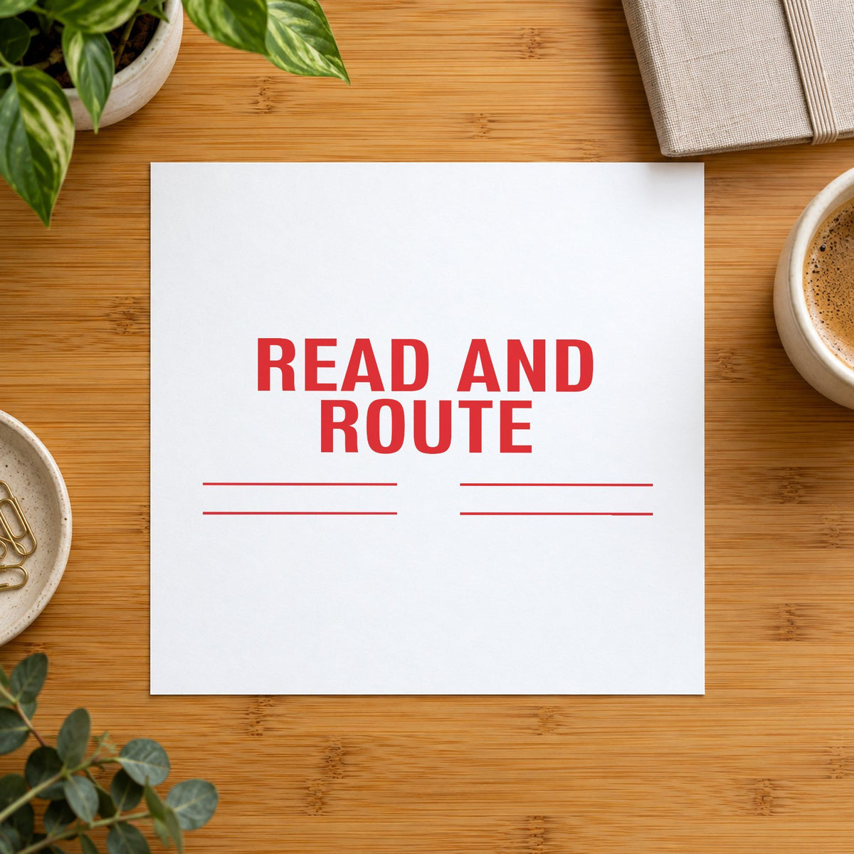 Pre-inked "Read and route" stamp marking paperwork in an office setting
