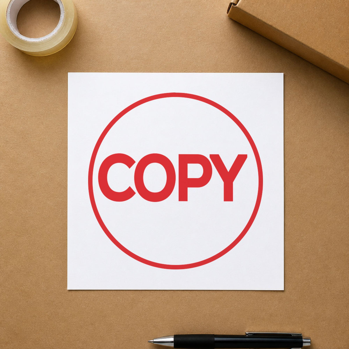 Pre-inked "Copy" stamp applied to a document, Approximately 5/8 in diameter impression