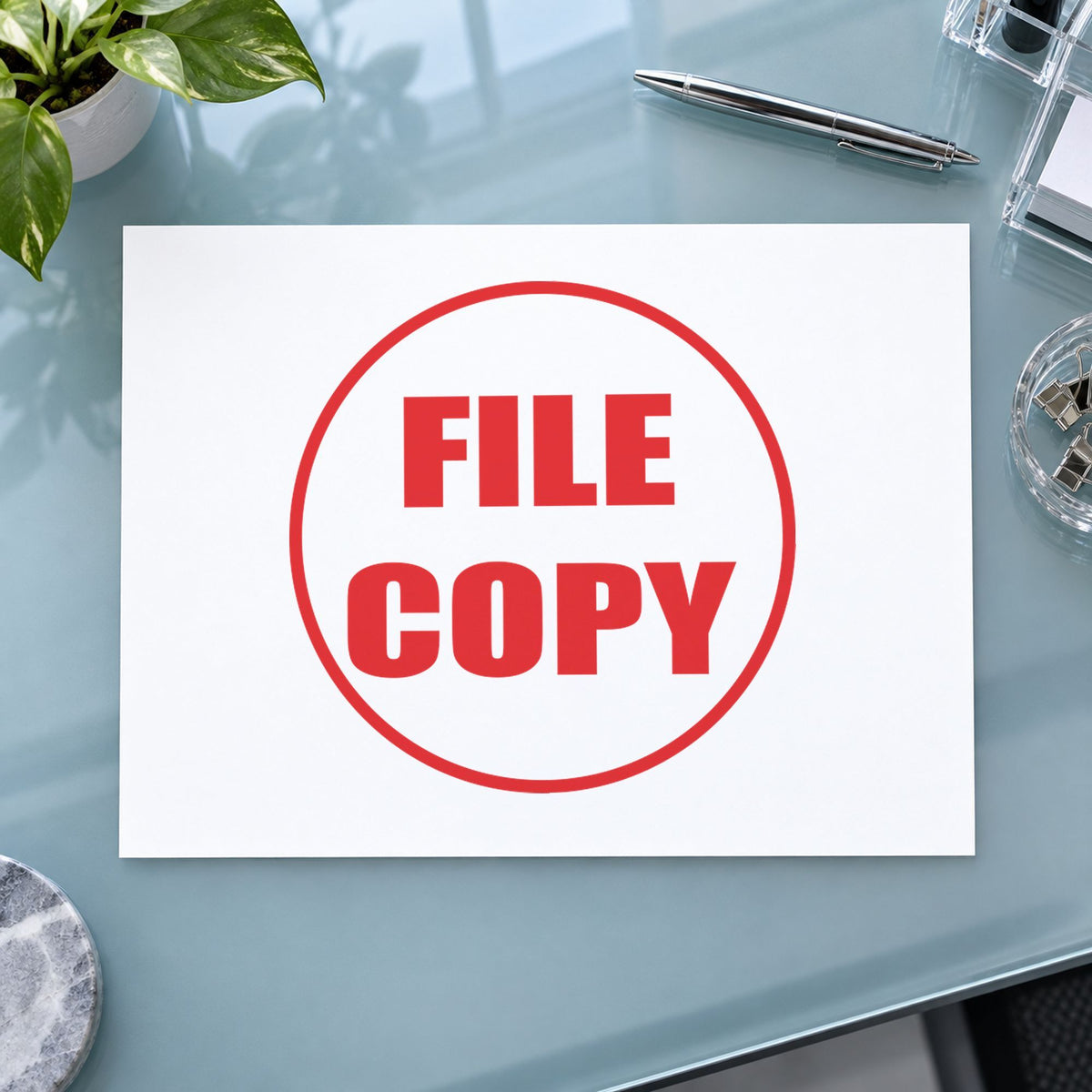 "File copy" Xstamper pre-inked stamp beside its round imprint
