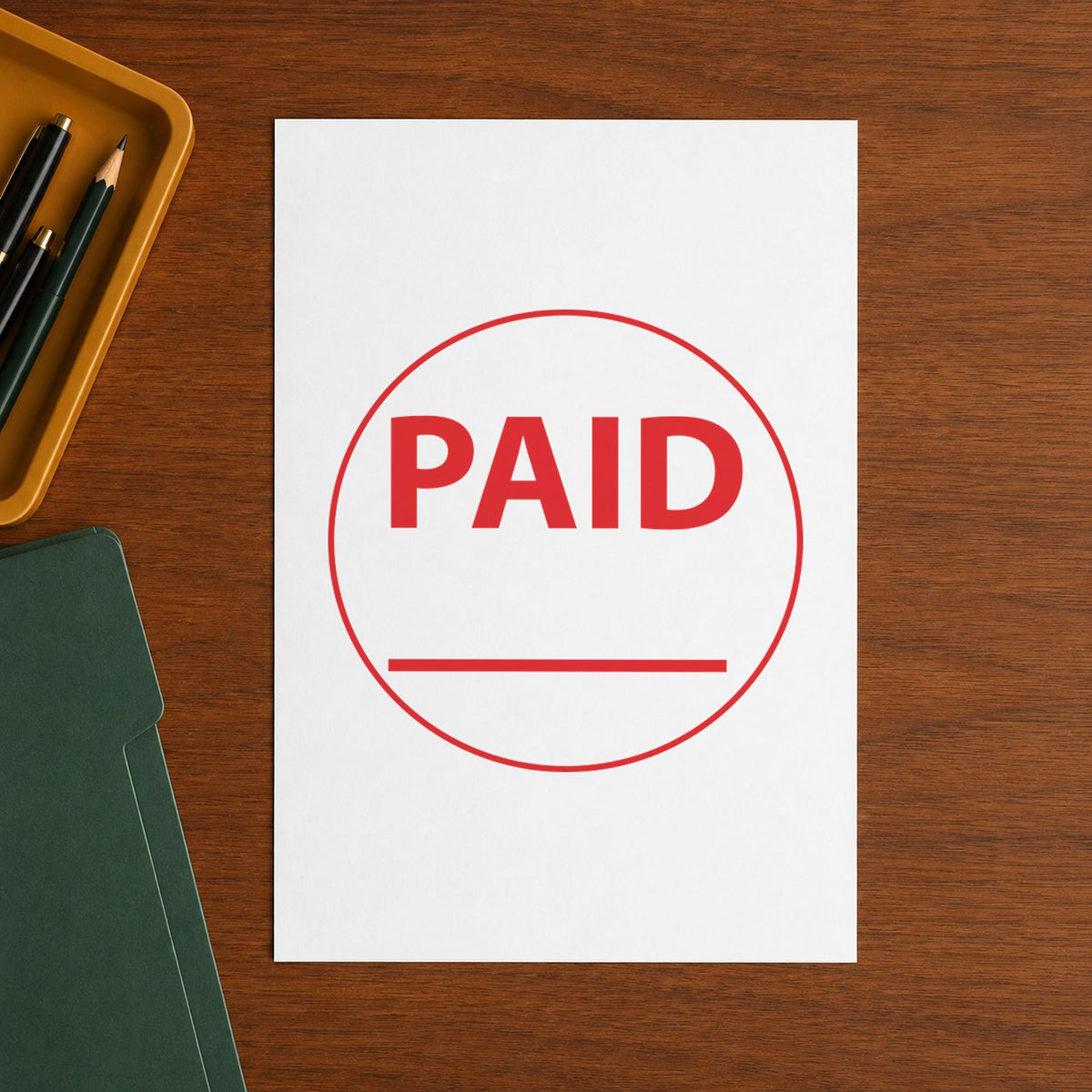 "Paid" imprint sized Approximately 5/8 in diameter on a document page
