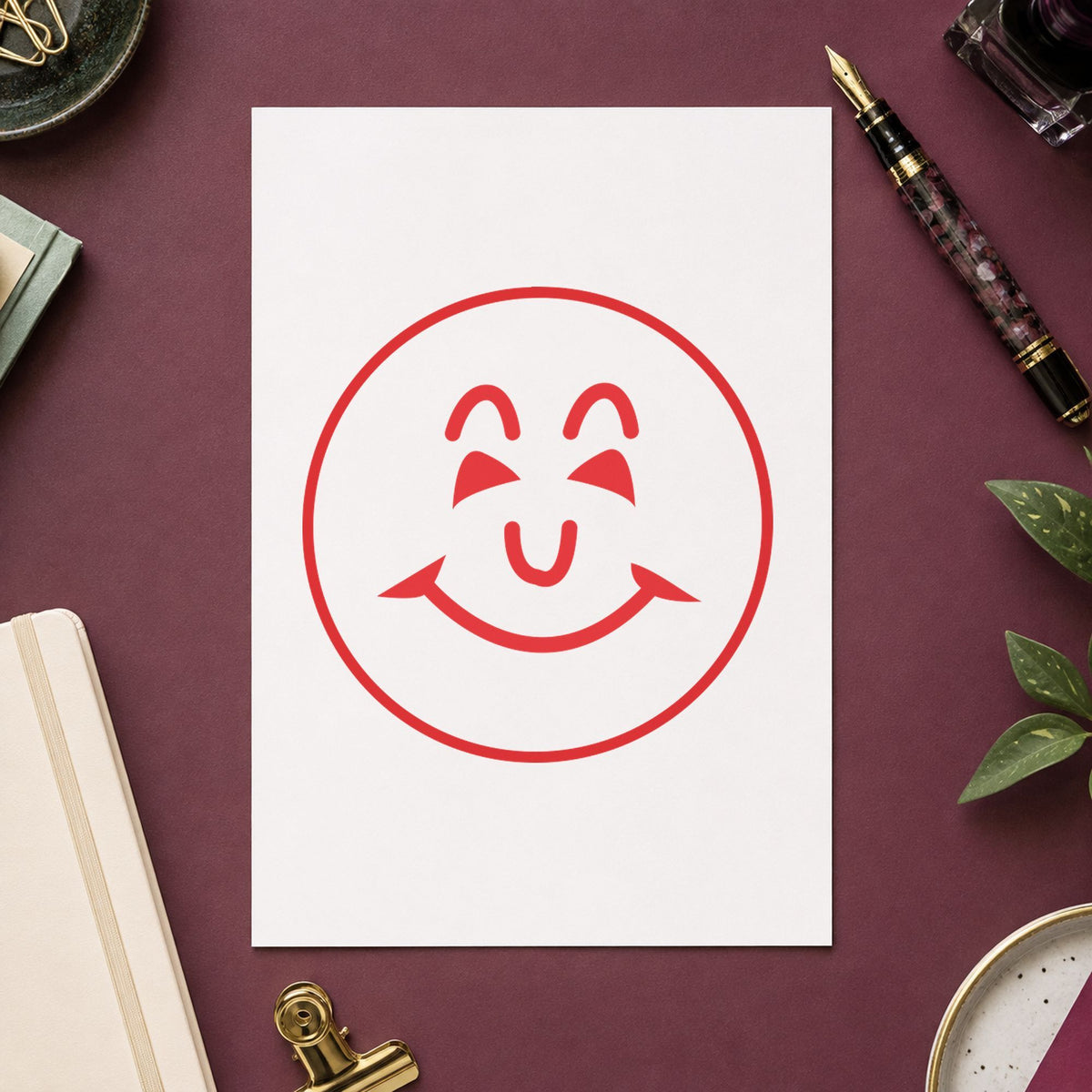 Pre-inked "Smiley face" stamp marking paperwork in an office setting