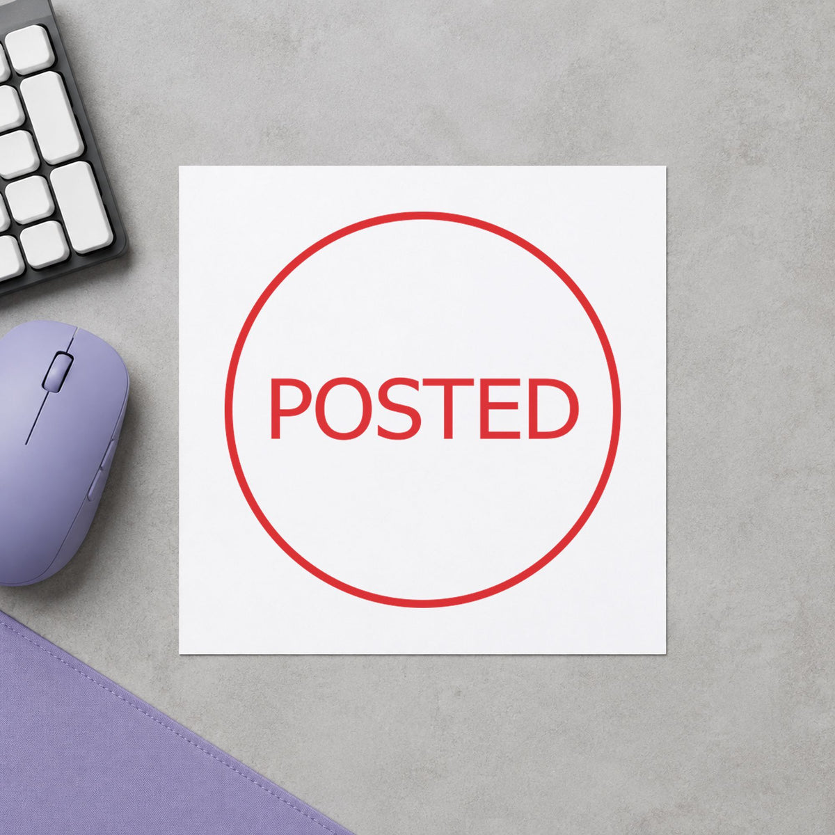 Pre-inked "Posted" stamp applied to a document, Approximately 5/8 in diameter impression