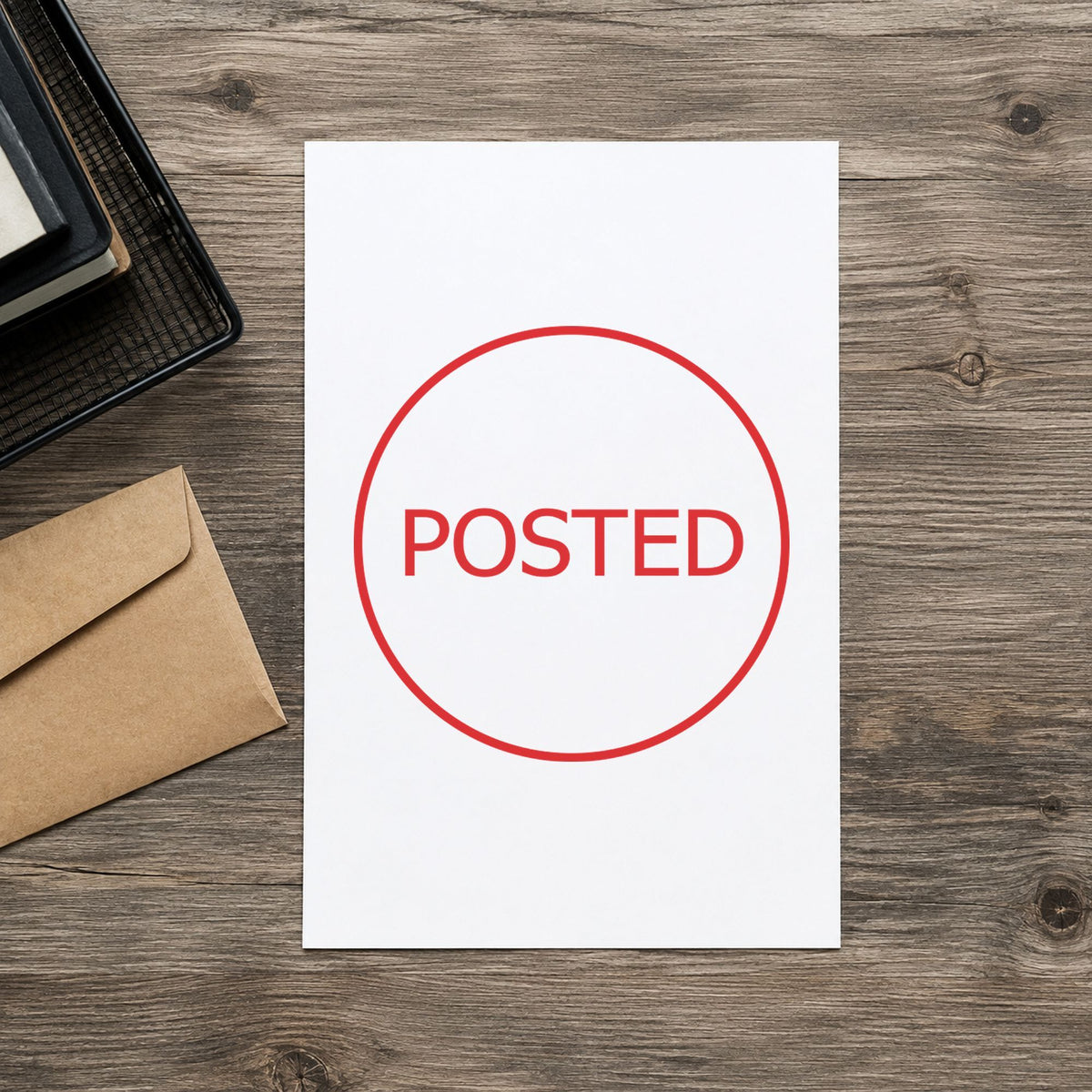 "Posted" imprint on a printed page, Xstamper No. 11363