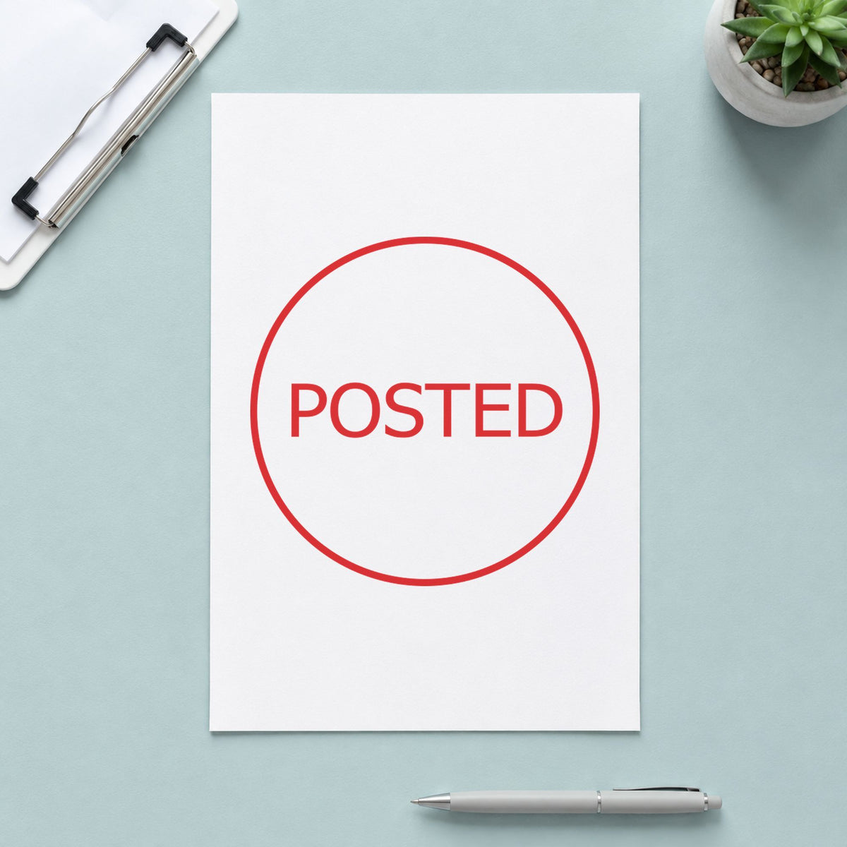 "Posted" stamp pressed on paper, no separate ink pad needed