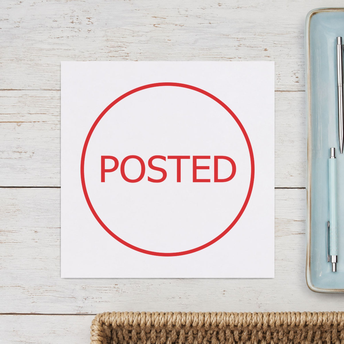 "Posted" imprint sized Approximately 5/8 in diameter on a document page