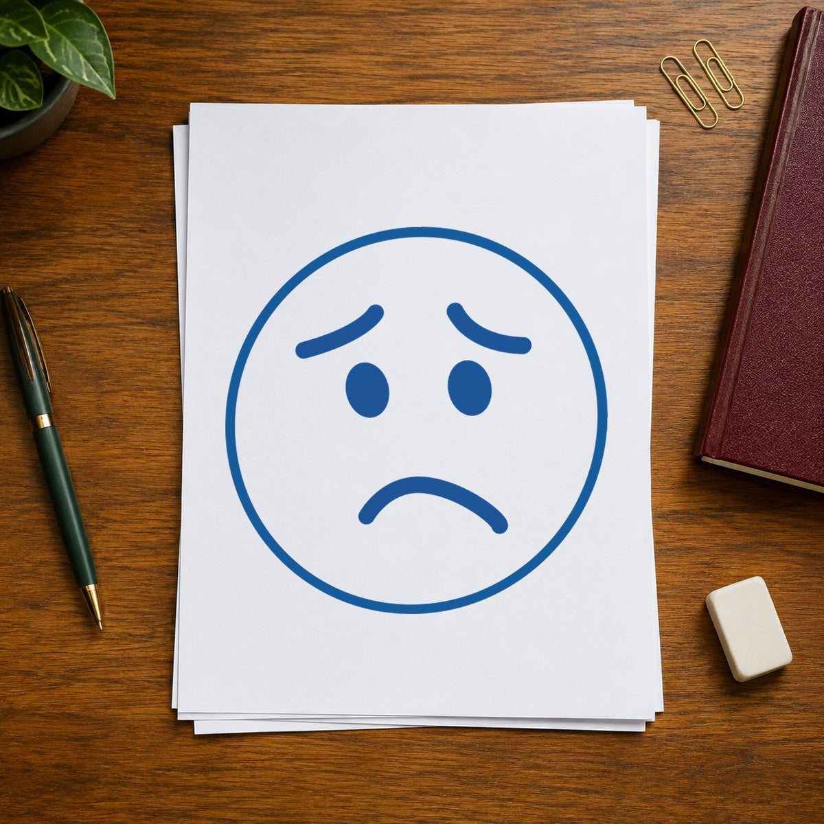 "Frown face" Xstamper stamp in use on paper, 5/8 in diameter round imprint