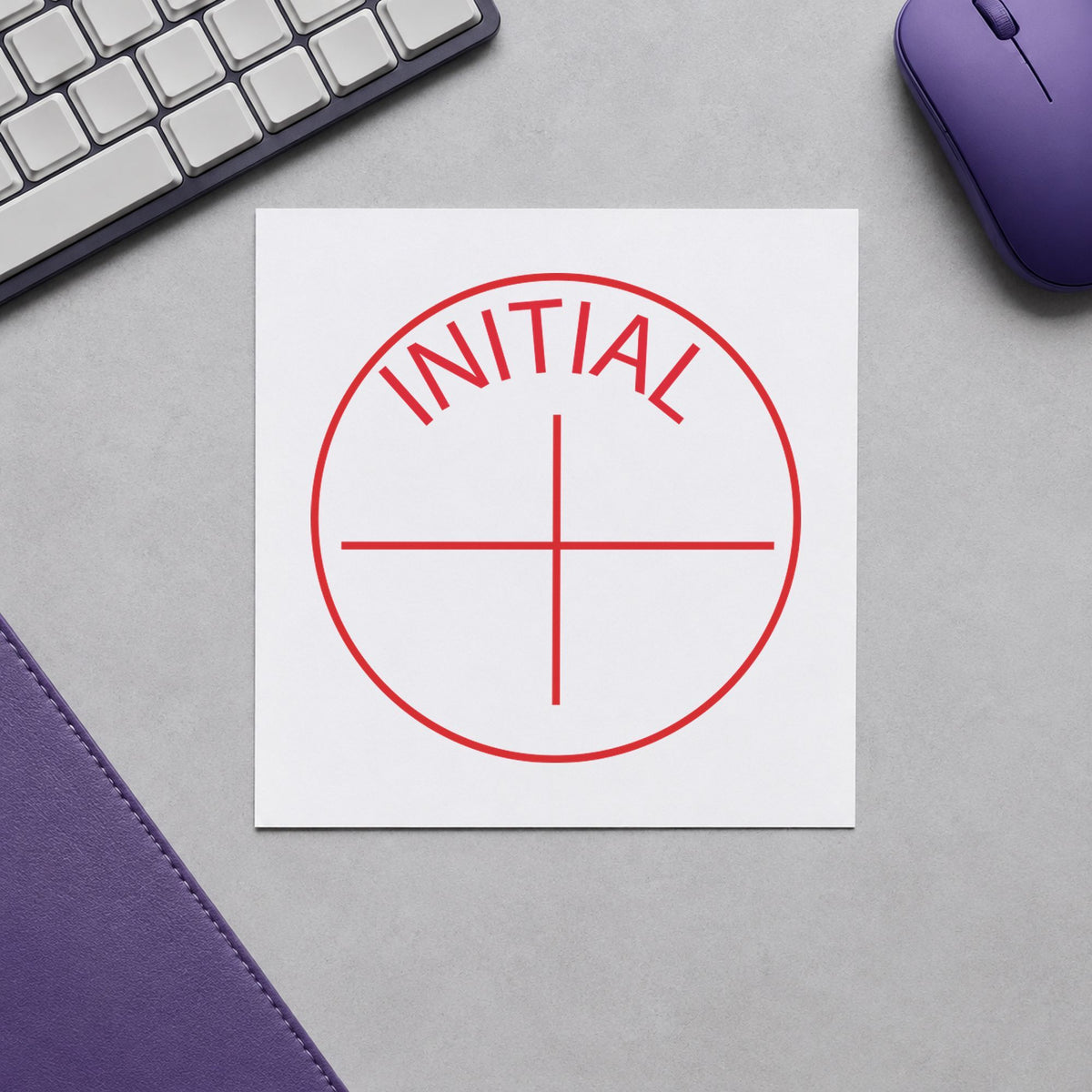 Pre-inked "Initial" stamp applied to a document, 5/8 in diameter impression
