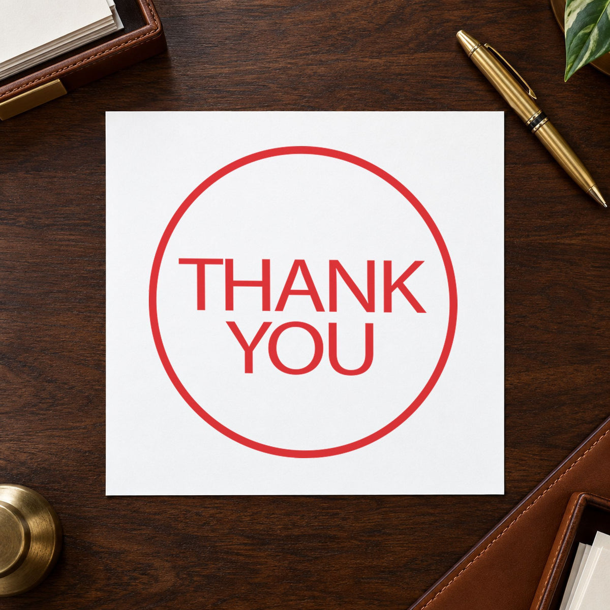 Pre-inked "Thank you" stamp applied to a document, Approximately 5/8 in diameter impression