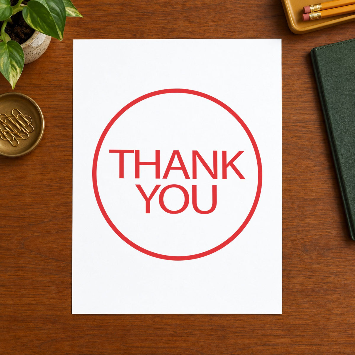 "Thank you" imprint on a printed page, Xstamper No. 11359