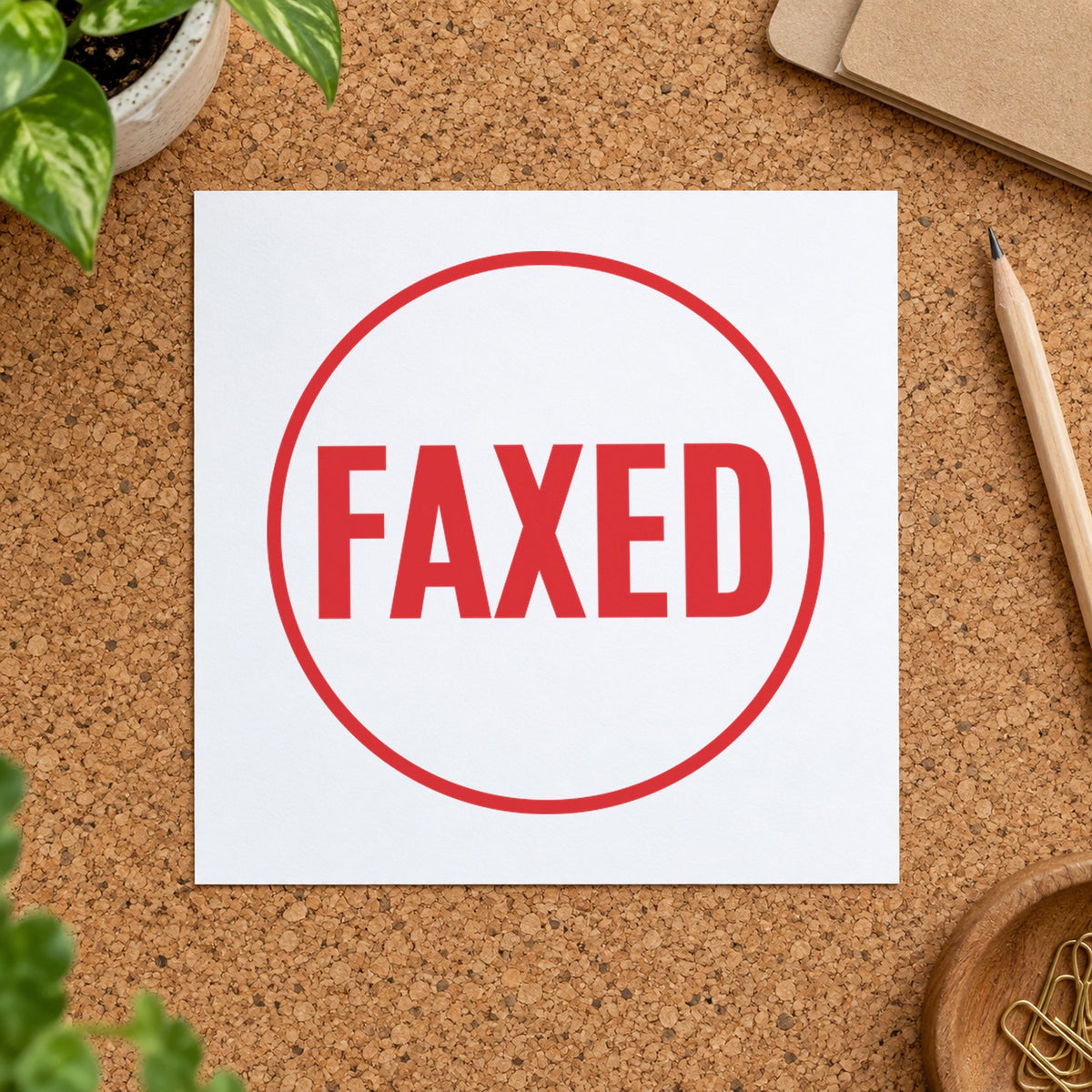 Pre-inked "Faxed" stamp applied to a document, Approximately 5/8 in diameter impression