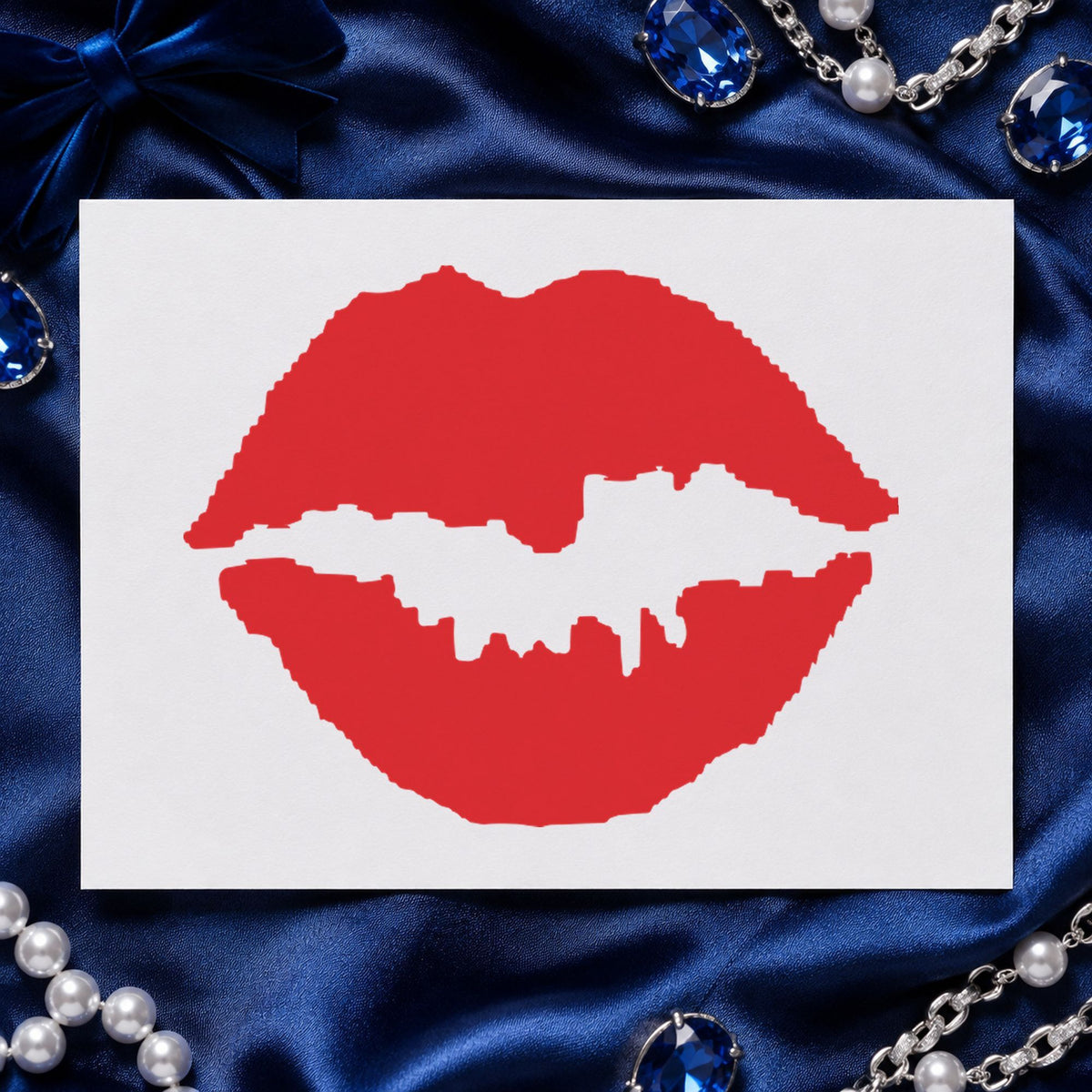 Pre-inked "Kiss" stamp applied to a document, Approximately 5/8 in diameter impression