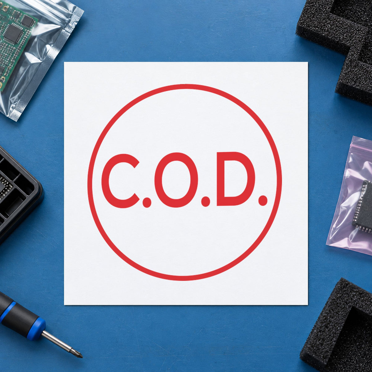 "C.O.D." Xstamper No. 11406 stamp shown in everyday handling