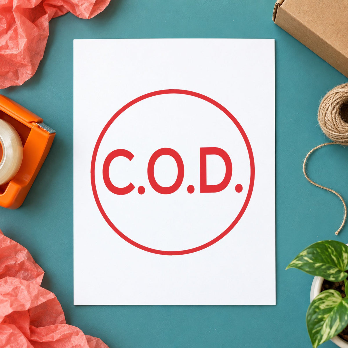 Pre-inked "C.O.D." stamp applied to a document, Approximately 5/8 in diameter impression