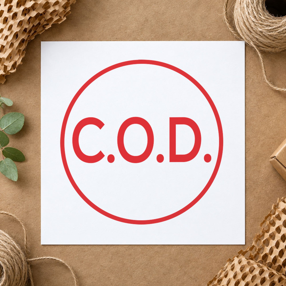 "C.O.D." Xstamper pre-inked stamp beside its round imprint