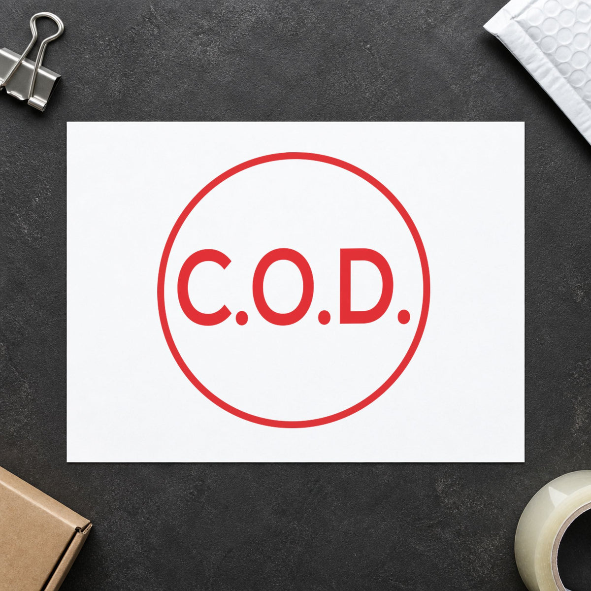 "C.O.D." imprint sized Approximately 5/8 in diameter on a document page
