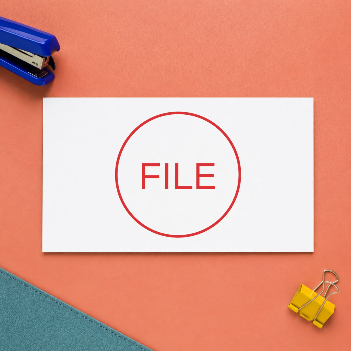 Pre-inked "File" stamp applied to a document, 5/8 in diameter impression