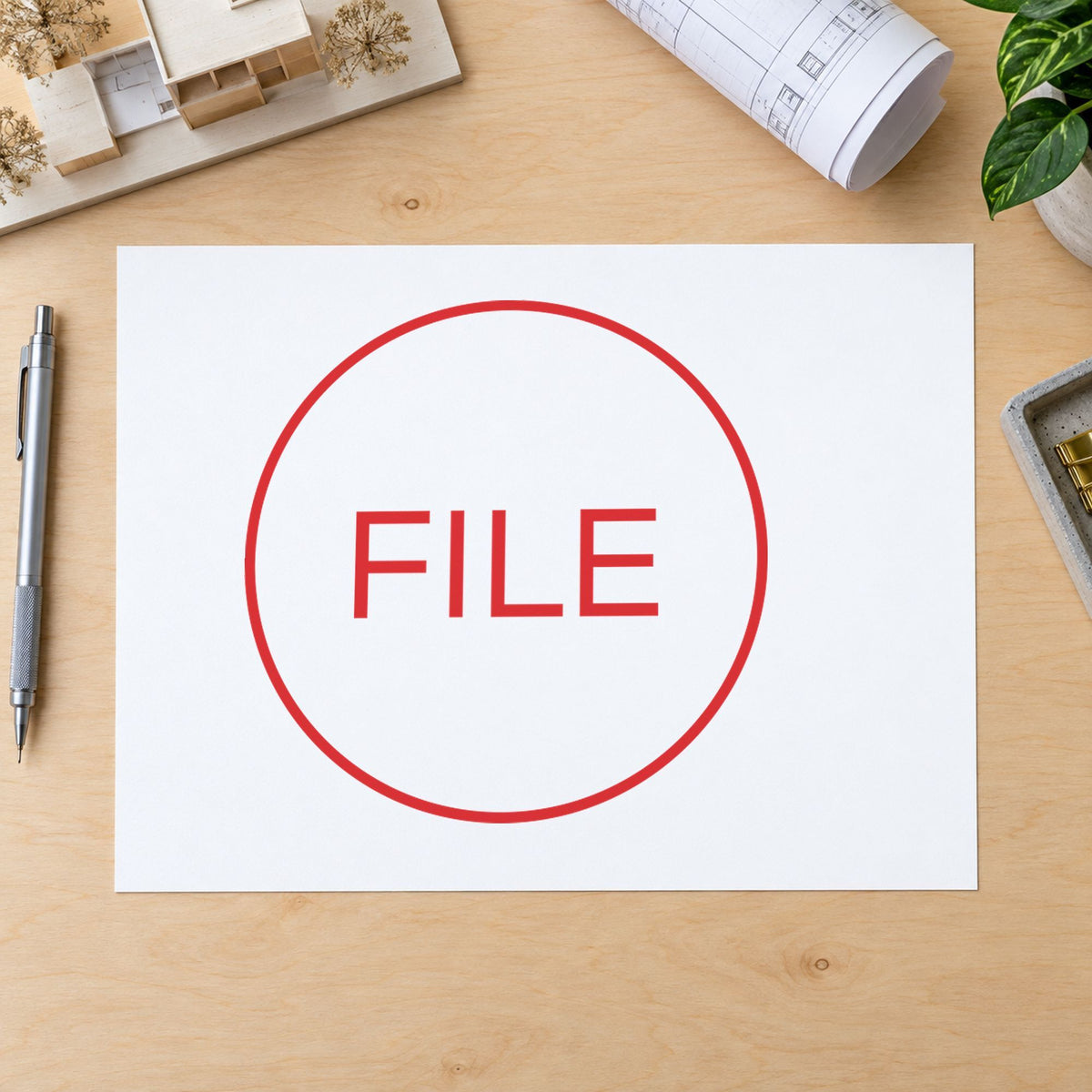 "File" stamp pressed on paper, no separate ink pad needed