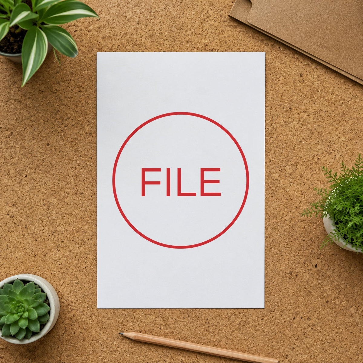 "File" Xstamper pre-inked stamp beside its round imprint