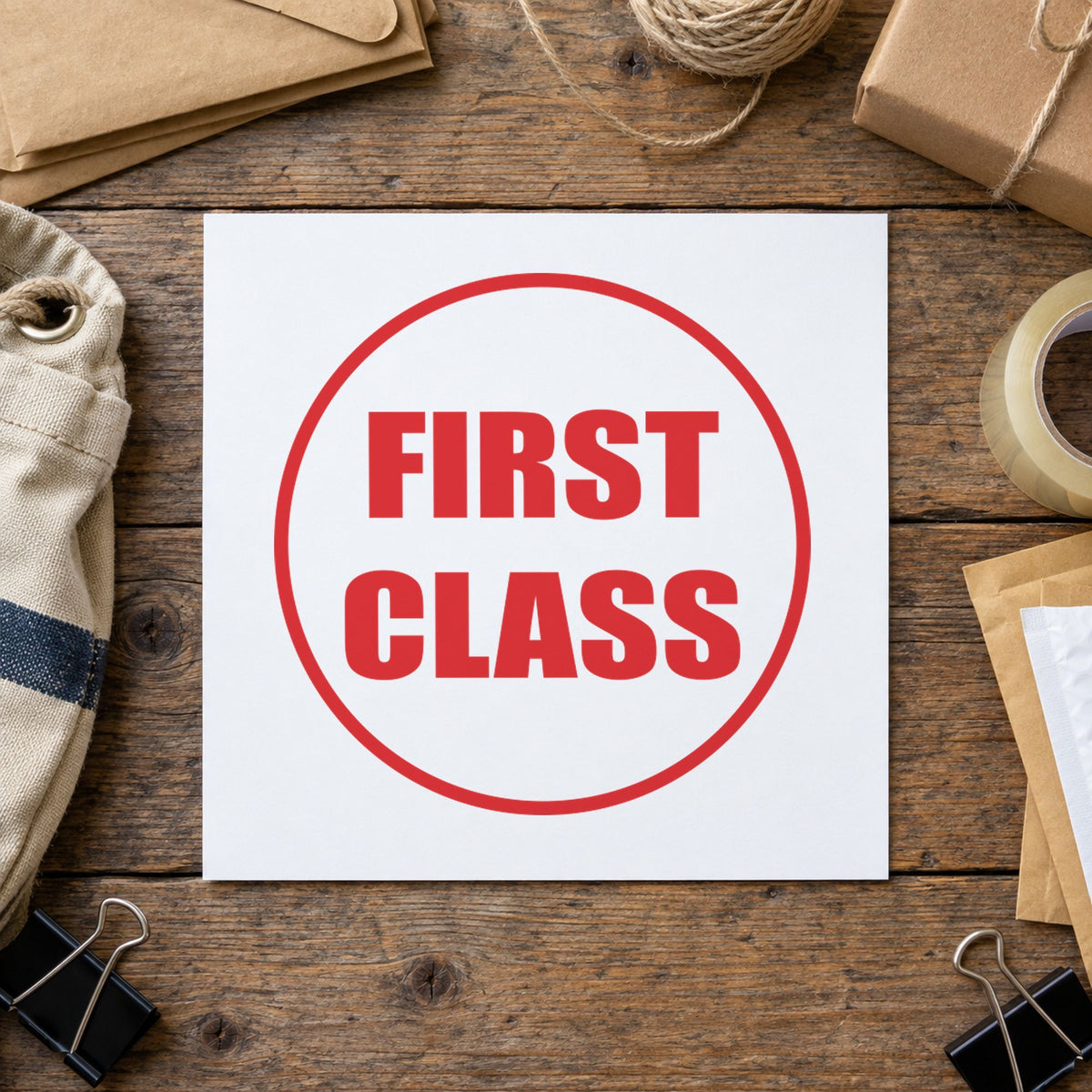 "First class" Xstamper No. 11412 stamp shown in everyday handling