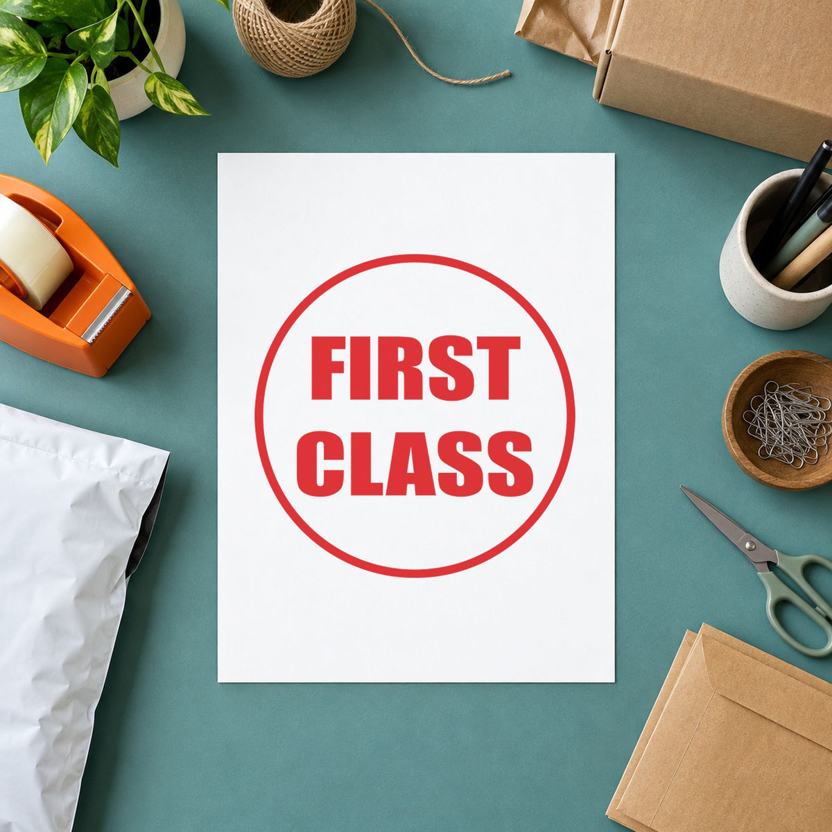 "First class" imprint on a printed page, Xstamper No. 11412