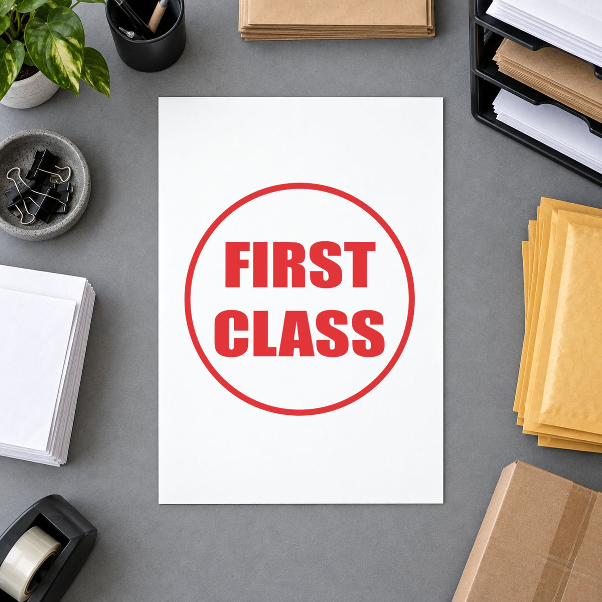Close view of the "First class" mark left by Xstamper No. 11412