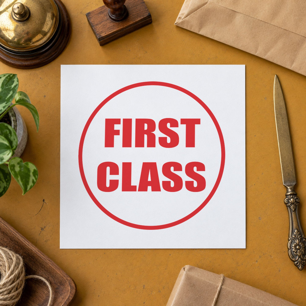 Pre-inked "First class" stamp marking paperwork in an office setting