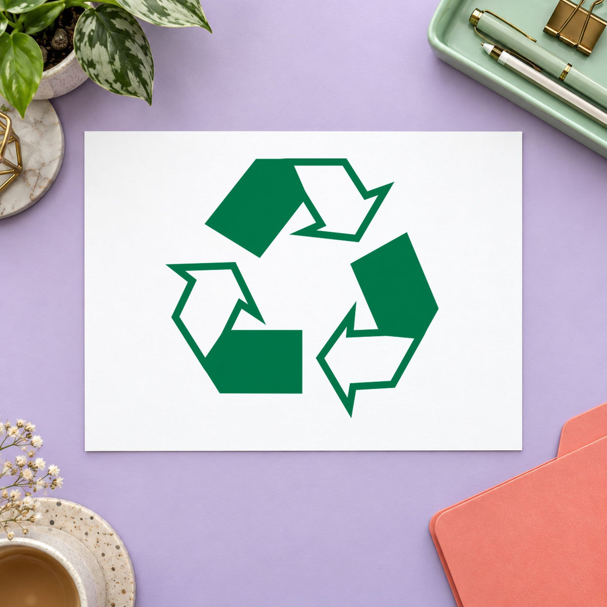 "Recycle logo" Xstamper No. 11417 stamp shown in everyday handling