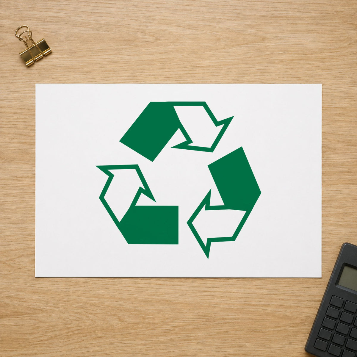 "Recycle logo" stamp pressed on paper, no separate ink pad needed