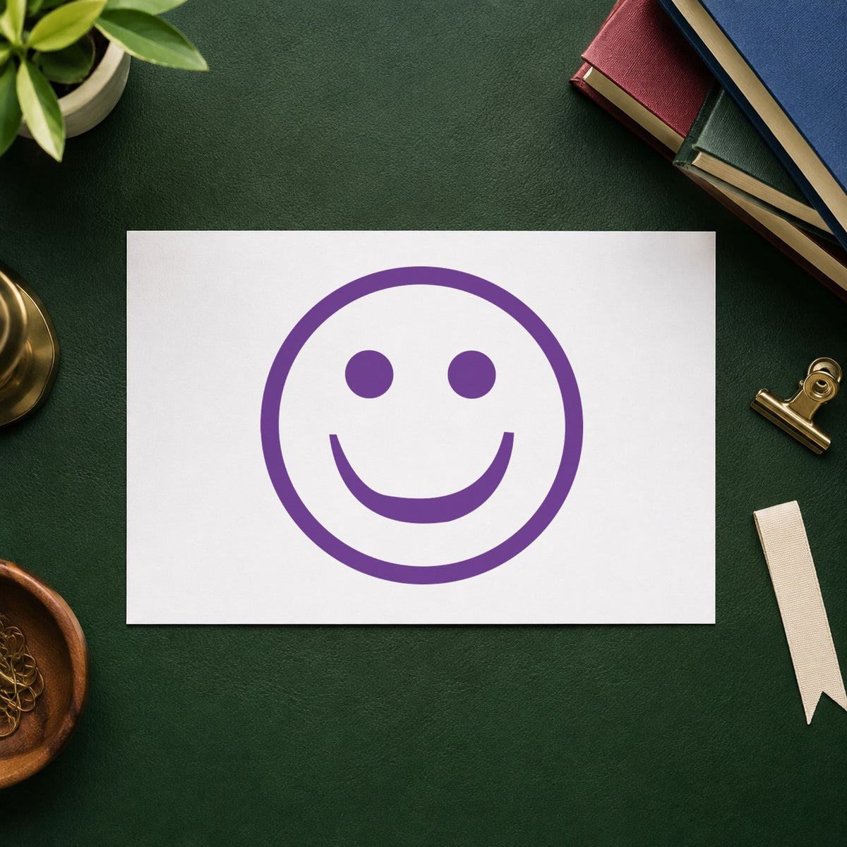 "Smiley face" Xstamper pre-inked stamp beside its round imprint