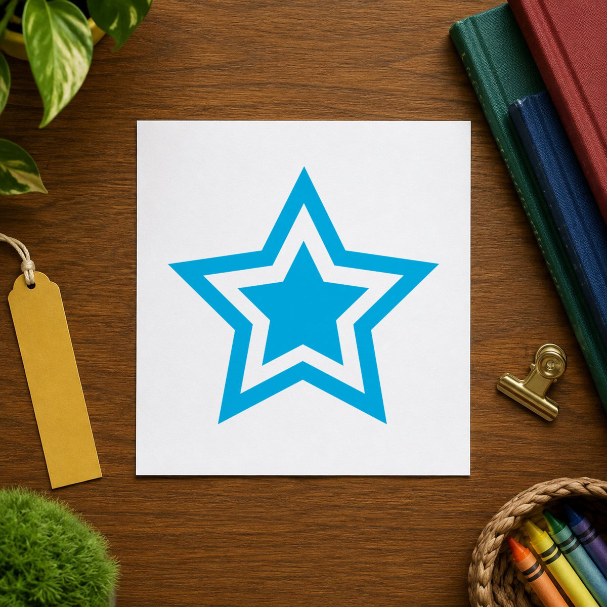 "Star" Xstamper stamp in use on paper, Approximately 5/8 in diameter round imprint