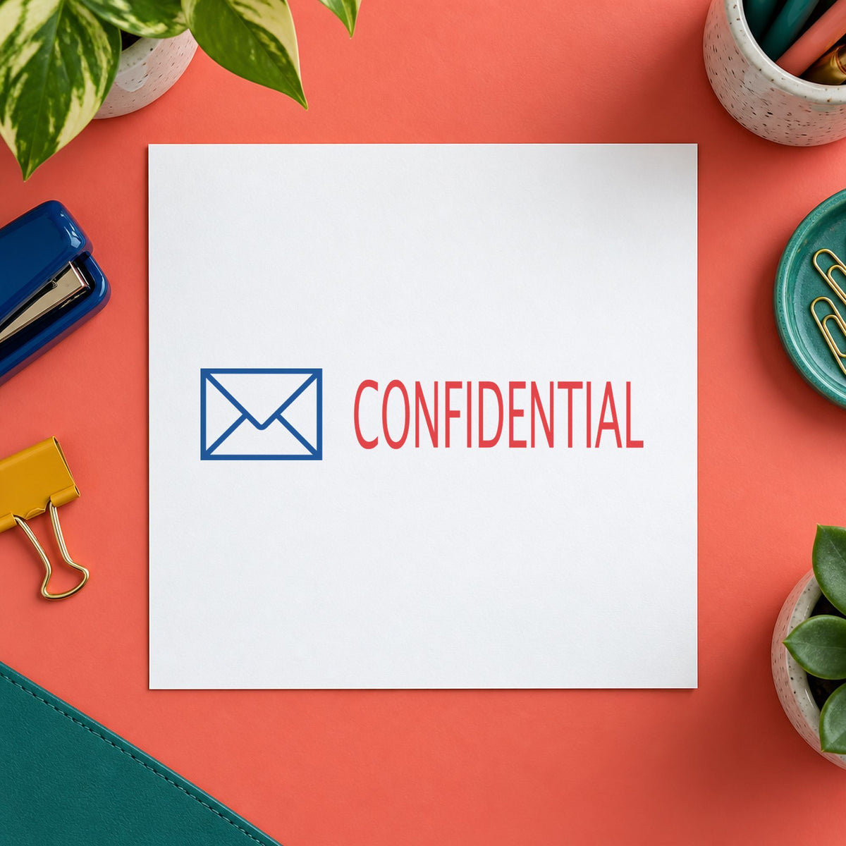 "Confidential" Xstamper stamp at work on everyday office paperwork