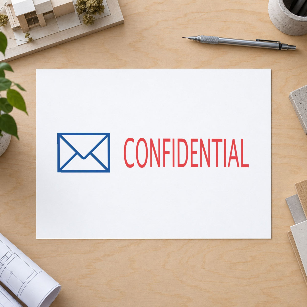 "Confidential" Xstamper pre-inked stamp beside its rectangle imprint