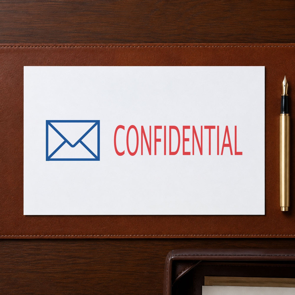 Pre-inked "Confidential" stamp marking paperwork in an office setting